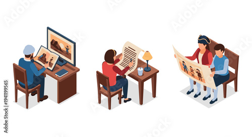 Isometric scenes of historical and modern document interpretation