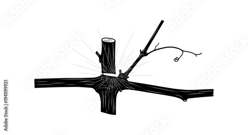 Illustration of meticulous pruning technique applied to a tree branch, showcasing garden maintenance