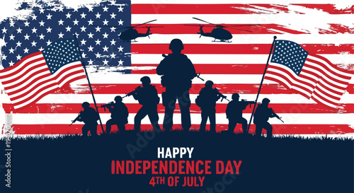USA Independence Day. Soldiers and Helicopters. American Flag Background. Patriotic Celebration.