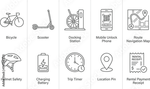 Transportation icons set, bicycle, scooter, docking station, mobile app, navigation, safety, rental payment