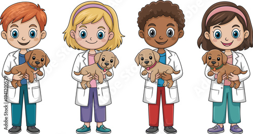 Cartoon children veterinary care illustration, kids in lab coats holding puppies, animal science theme, pet care, aspiring careers art