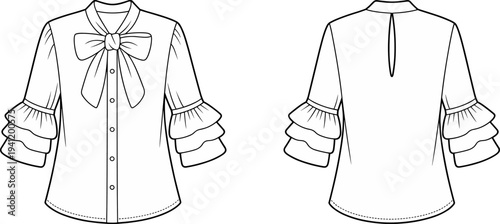 Elegant, women, blouse, fashion, technical, drawing, front, back, view, bow, tie, collar, ruffle, sleeve, apparel, template, garment, outline, vector, illustration