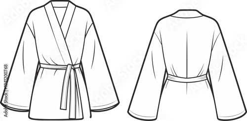 Elegant kimono robe front and back view fashion template outline garment mockup clothing design isolated minimal apparel flat vector illustration