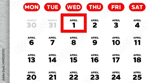The date April 1st marked with a red cursor on the wall calendar 2026