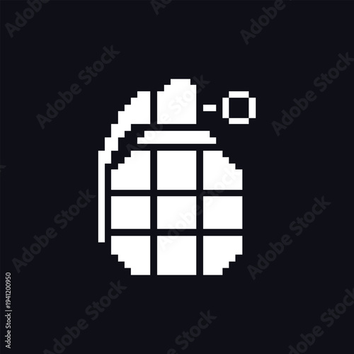Retro pixel art grenade icon in classic 8-bit style. Simple game UI symbol suitable for action games, shooter interfaces, military themed projects, mobile games, and retro arcade design.