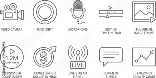 Social media icons, video creation tools, monetization symbols, live streaming, analytics