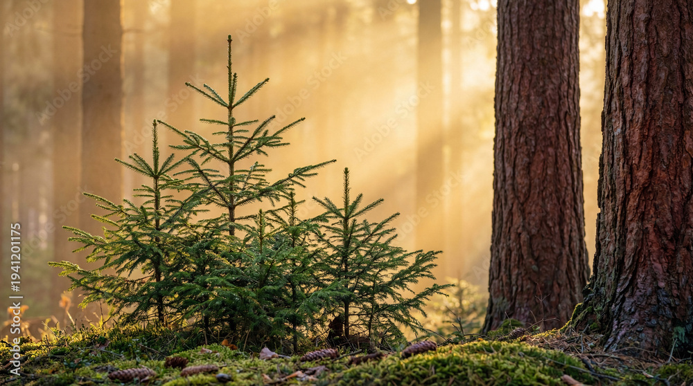Fototapeta premium A beautiful natural photograph featuring young evergreen saplings bathed in golden morning light within a misty forest.