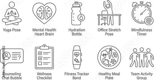 Wellness icons set, yoga, mental health, fitness, healthy lifestyle