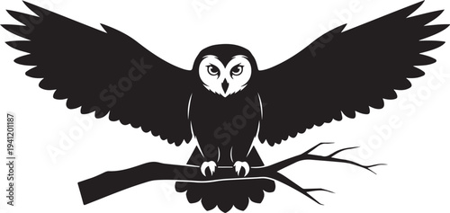 Majestic owl perched on a tree branch silhouette illustration