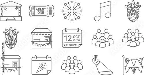 festival icons set, event symbols, music and celebration elements