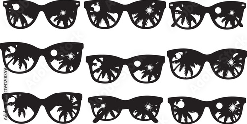 Collection of black sunglasses with creative lens designs displayed