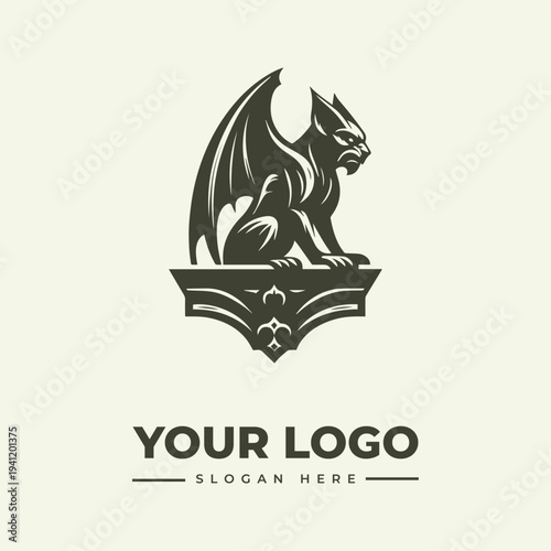 A Gothic-style gargoyle logo sits atop a decorative ledge with a 'YOUR LOGO' text placeholder in a vintage engraving style on a beige background.