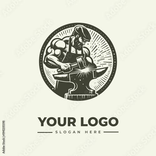 A vintage-style woodcut illustration of a blacksmith hammering at an anvil within a circular logo design on a beige background with space for a custom logo and slogan.