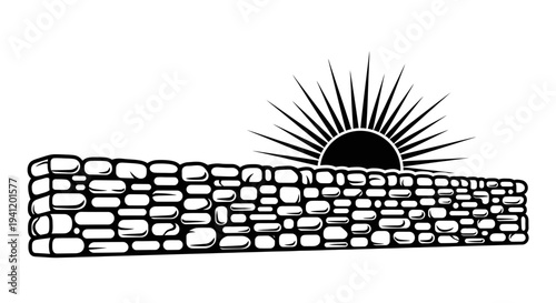 Vintage monochromatic graphic of a rustic rock barrier silhouetted against a radiant sunburst