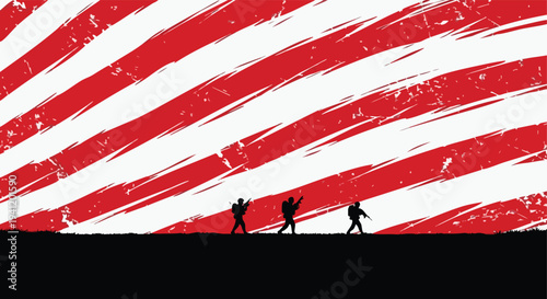 Soldiers Marching. Silhouette. Grunge Background. Red Rays.