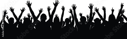Silhouette of a crowd of people with raised hands in celebration or protest