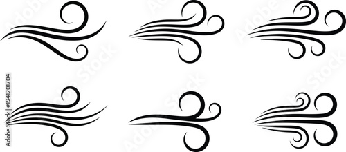 Collection of six stylized wind swirl designs
