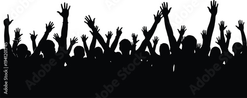 Silhouette of a crowd of people with raised hands in celebration or protest