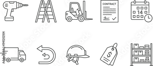 Construction icons set, business and industrial symbols, drill, ladder, forklift, contract, calendar, truck, arrow, helmet, price tag, warehouse