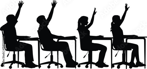 Classroom silhouette illustration, students raising hands, learning participation, education scene, school desks, inquiry engagement, knowledge sharing, academic environment