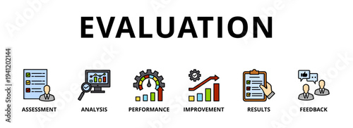 Evaluation 5.epsEvaluation banner web icon vector illustration for assessment system of business and organization standard with analysis, performance, plan, improvement, results, and feedback icon 