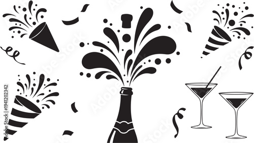 Celebration icons with champagne bottle and party accessories