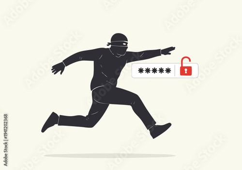 Cybercriminal stealing password. Hacker in mask running with unlocked padlock icon. Digital security breach.