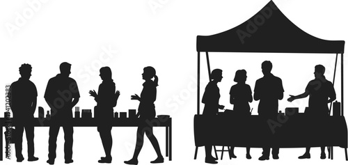 Community market silhouette illustration, vendor booth interaction, people shopping stalls, farmers market gathering, social commerce, public fair, street event, engagement