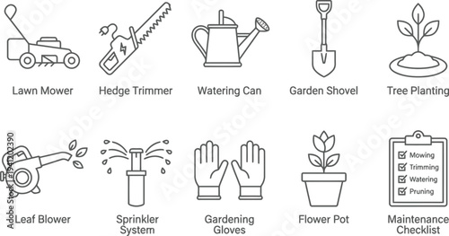 Gardening tools and equipment icons set for maintenance and planting flat design