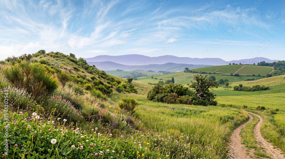 Obraz premium Beautiful photograph of a vibrant green Tuscan landscape, with a winding dirt path and blooming wildflowers under.