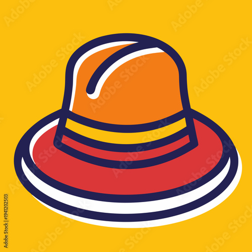 Colorful retro fedora hat illustration with bold outlines on a vibrant yellow background