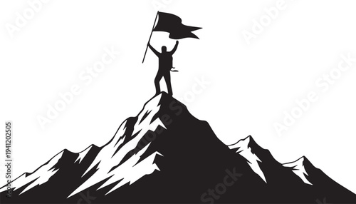 Mountain Summit Silhouette Icon Set: Achievement & Victory