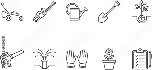 Gardening tools and icons set, line style, black and white, gardening concept