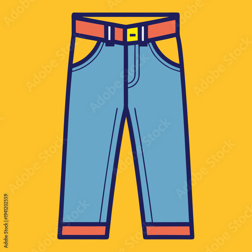A vibrant cartoon illustration of blue jeans with a stylish orange belt and yellow buckle