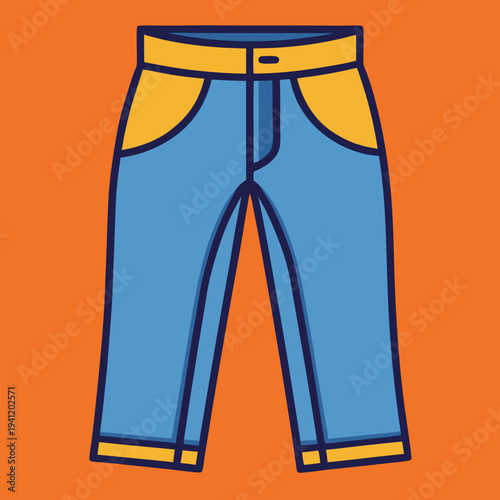 Simple cartoon illustration of blue pants with yellow accents on an orange background