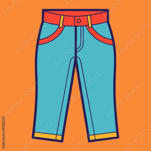 Vibrant blue pants with red and yellow details, a playful and colorful clothing item
