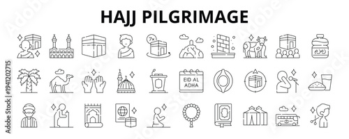30 Hajj Pilgrimage Line Banner Web Icon Set Vector Illustration