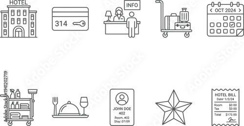 Hotel icons set, travel and hospitality symbols, line art style