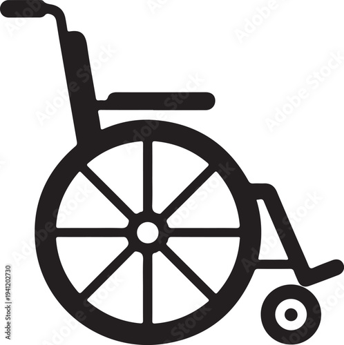 Simple black vector illustration of a standard wheelchair design on white