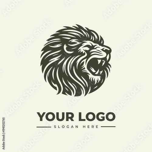 A vintage-style woodcut illustration of a roaring lion's head logo with a bold, black design on a beige background, featuring a placeholder for a company logo and slogan in a classic