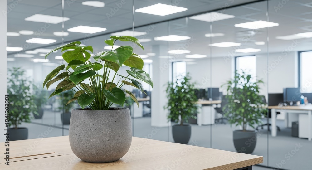 Fototapeta premium Healthy potted foliage sits prominently on a light wooden desk within a modern corporate workspace featuring glass partitions.