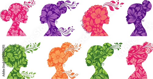 Vector illustration set of diverse women silhouettes filled with intricate floral patterns