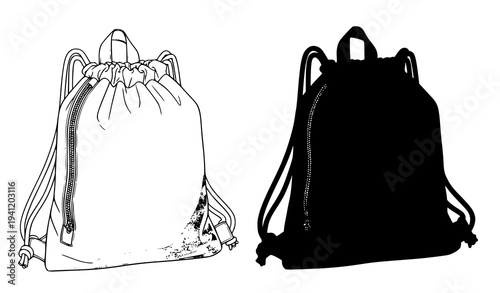 Black and white drawstring backpack sport bag vector isolated on white