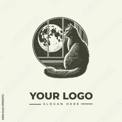 A vintage engraving-style illustration of a cat sitting by a window with a full moon outside, surrounded by a circular frame and customizable logo text on a clean background.