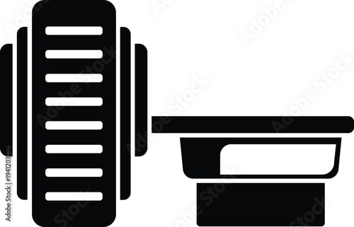 A clean, flat vector illustration of an MRI scanner from a side profile view. Professional medical equipment icon suitable for healthcare websites, radiology clinics, and diagnostic technology.
