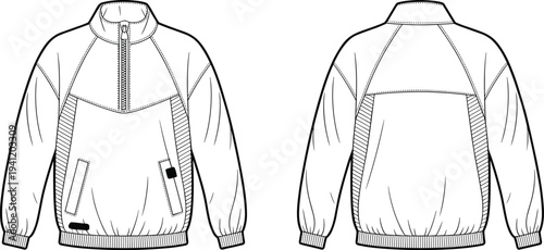 Sport Half Zip Windbreaker CAD Drawing Flat Vector Illustration, Front and Back Technical Fashion Template Athletic Jacket Design