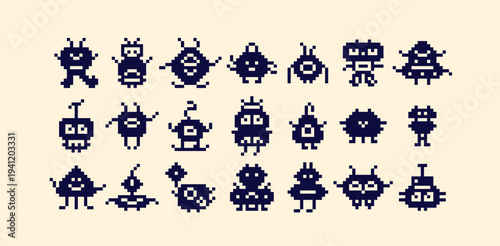Pixel art blue combats on white background. Set with cute aliens.