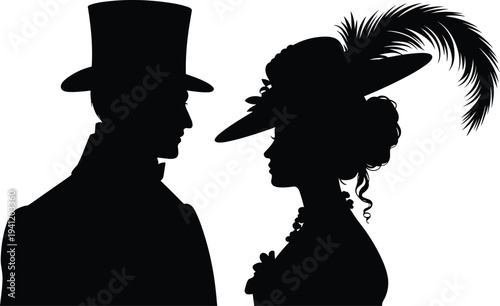 Victorian couple silhouette portrait, vintage man and woman profile illustration, historical fashion vector isolated design