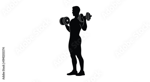 Silhouette of a muscular man lifting dumbbells in a weight training exercise