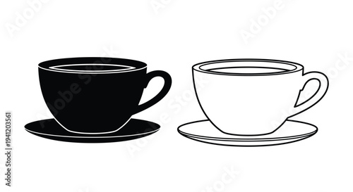 Black and white illustration of two teacups with saucers